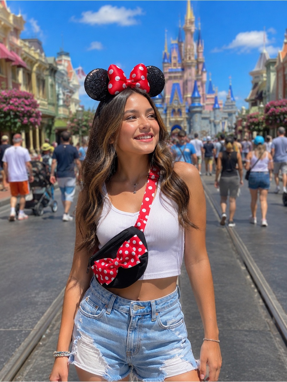 Disney Parks Minnie Mouse Polka Dot Bow Belt Bag Fanny Pack Adjustable Strap